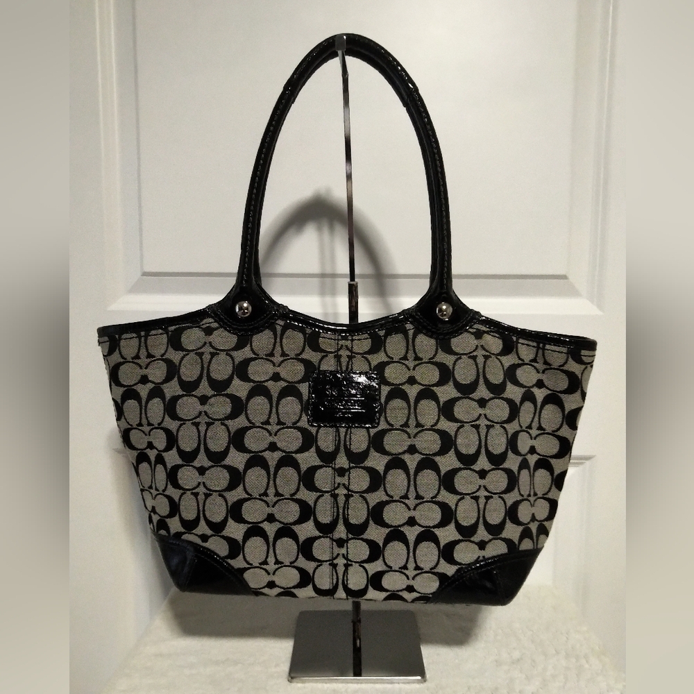 Authentic Coach Bleecker Signature Canvas Black Patent Leather Tote Bag 12564